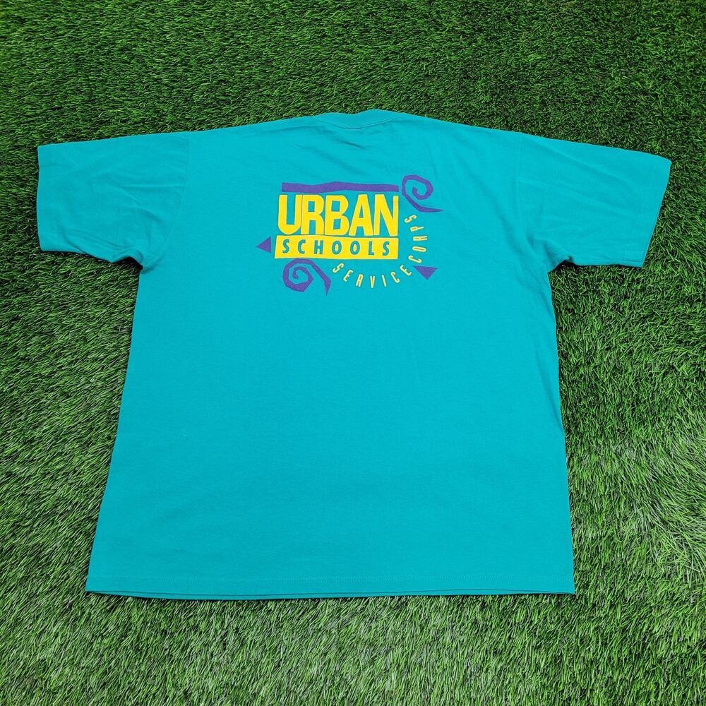 Vintage 90s JERZEES Shirt L/XL 23x27 Blue Urban-School USA